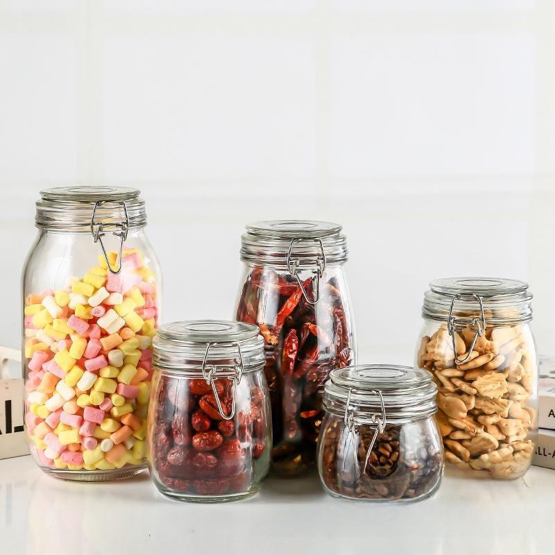 Glass Sealed Jar with Snap Lid Tea Jar Square Round Glass Bottle Honey Jar Pickle Jar Dried Fruit Grain Sealed Bottle