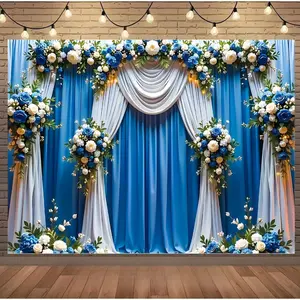 Blue and White Floral Wedding Backdrop – Elegant Curtain and Flower Wall Hanging for Ceremony or Reception De