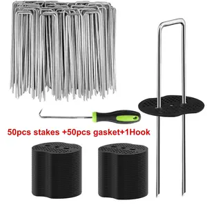 Garden Stakes Set, 6 Inch 50pcs Galvanized Landscape Staples & 50pcs Gaskets, Outdoor Tent Stakes for Weeds, Ground Cover, Fence