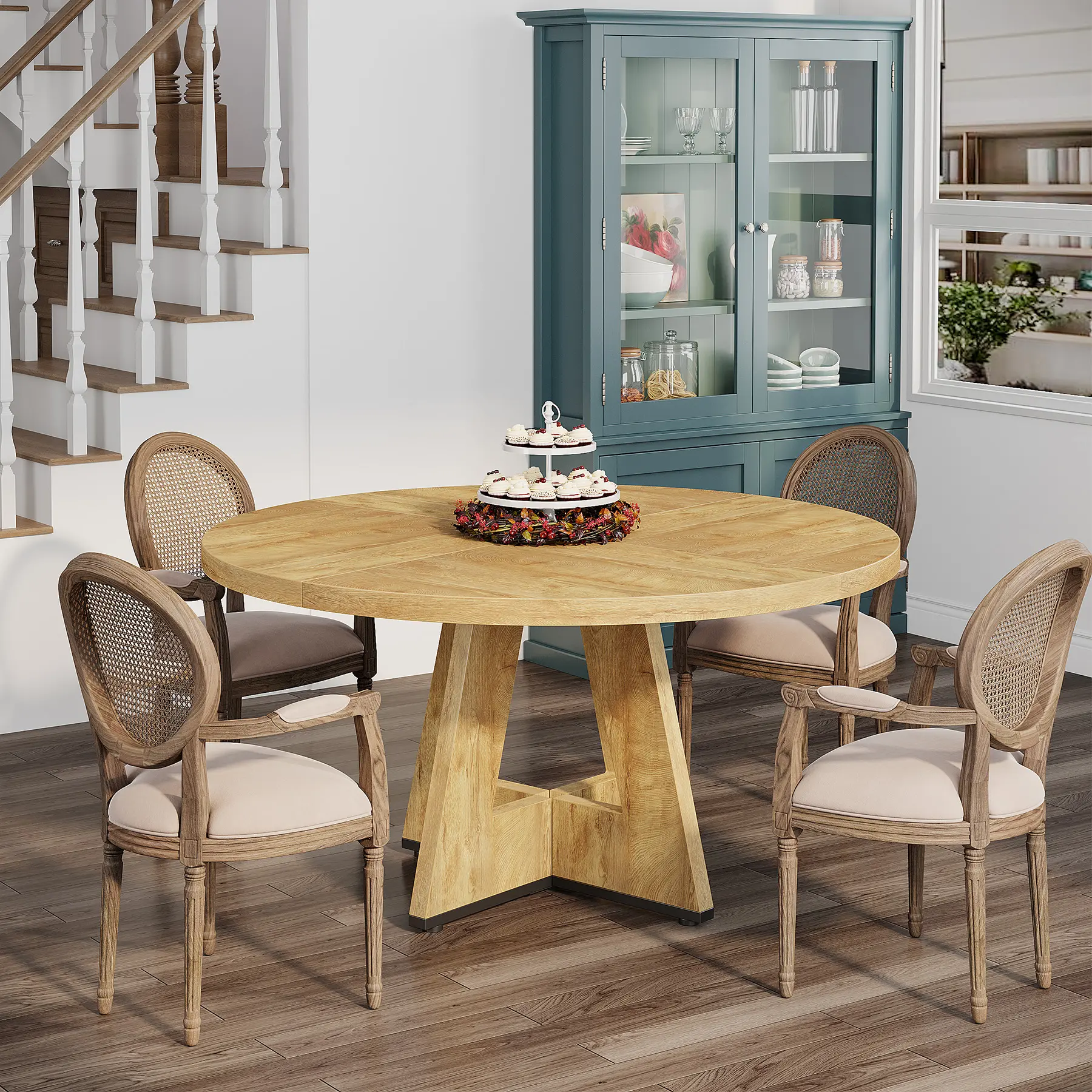 Tribesigns 47-Inch Round Conference Table for 4-6 People, Wooden Meeting Room Table with Thicken Tabletop and Wood Base (Natural)