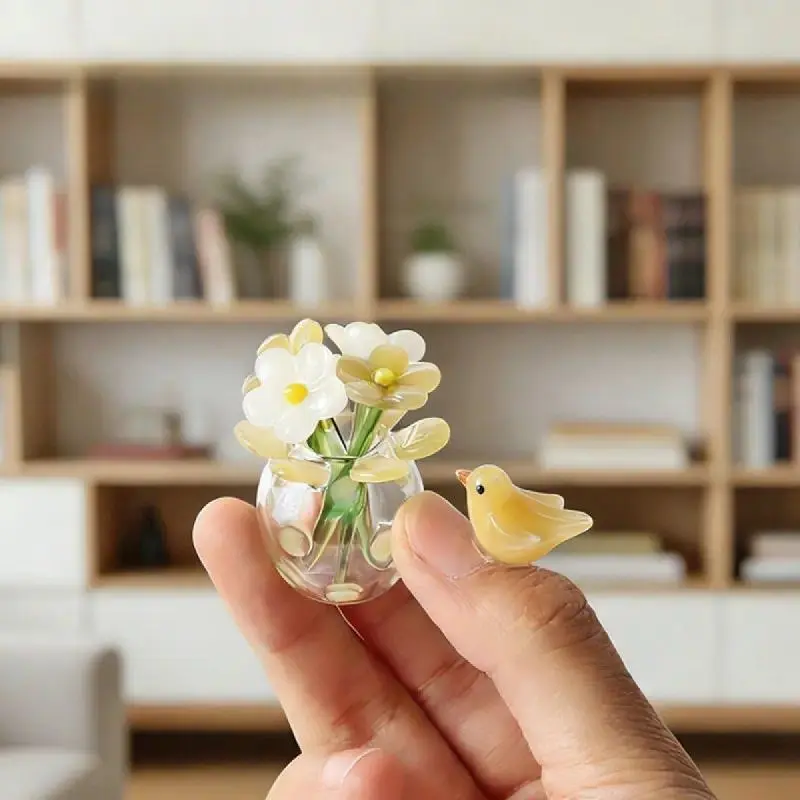 Glass Flower Ornament Set, Handmade Miniature Bouquet with Vase & Bird, Colorful Light-Catching Desktop Decoration, Birthday Gift for Women, Wedding, Decorative, Luminous, Vibrant, Mother's Day, Anniversary, Floral Bouquet, Gallery Look, Compact, Flowers,