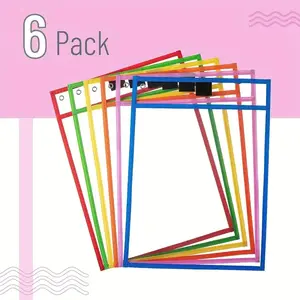 Colorful Dry Erase Pocket Sleeves, 10x14 Inch, Reusable Plastic Clear Classroom Protectors, Set of 6, Durable & Versatile Use