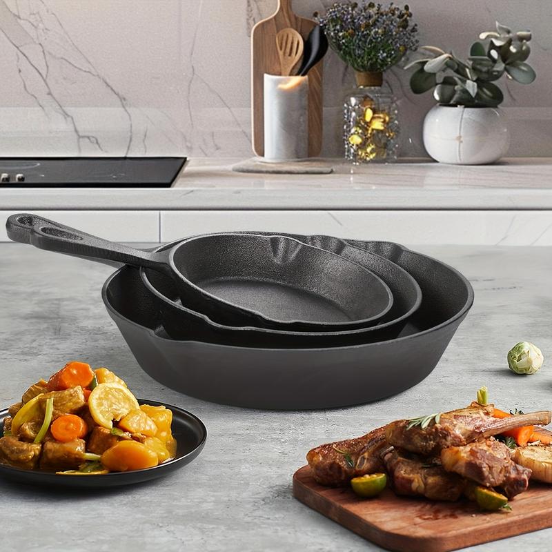 3pcs Cast Iron Cookware Set: Heavy-Duty Non-Stick Pan, Multi-functional Frying Pan, Skillet, And Baking Dish, Suitable for Kitchen & Outdoor Use - Perfect for Cooking Steak & Chicken. 3pcs Cast Iron Cookware Set: Heavy-Duty Non-Stick Pan, Multi-functional Frying Pan, Skillet, And Baking Dish, Suitable for Kitchen & Outdoor Use - Perfect for Cooking Steak & Chicken.