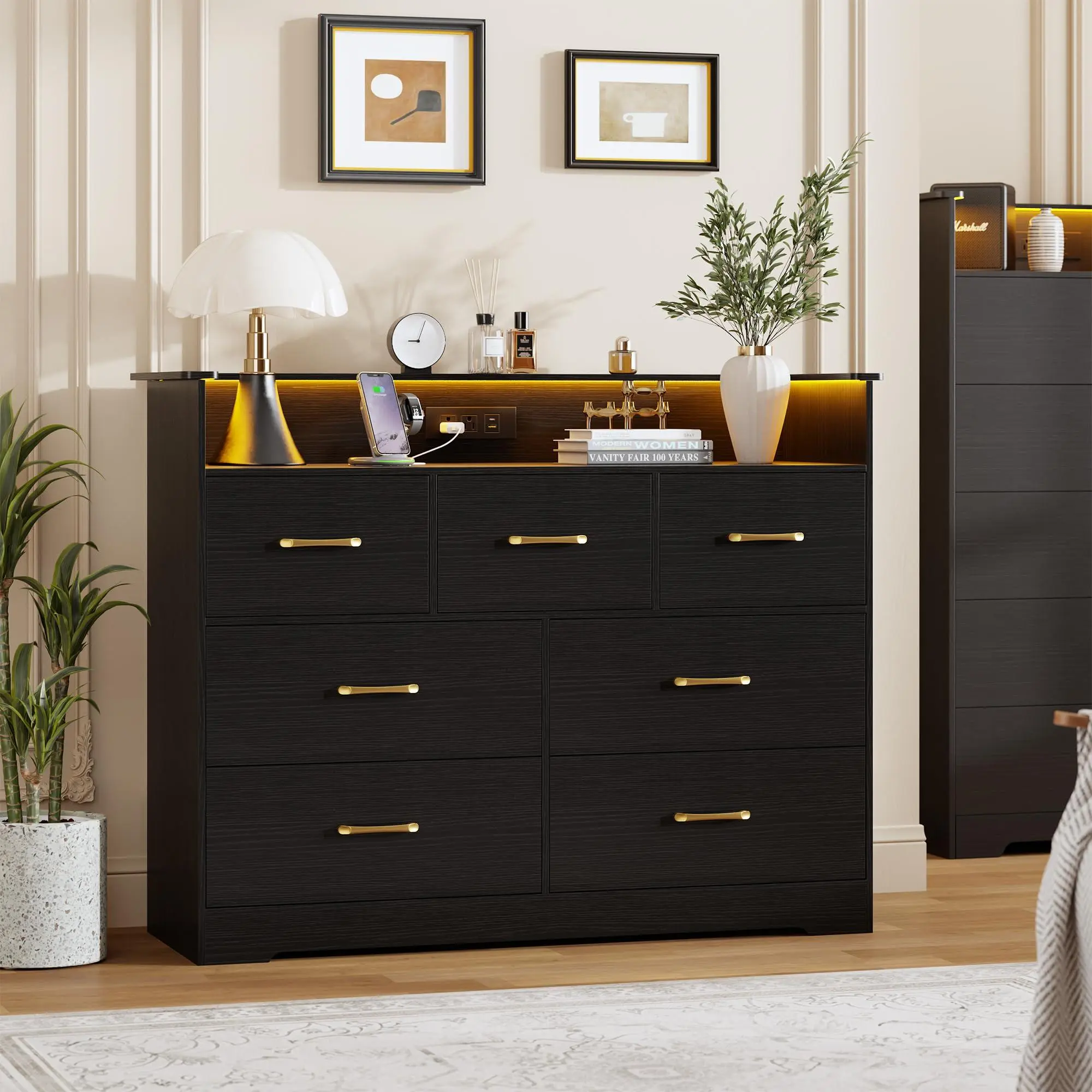 Garvee 7-Drawer Black Chest - 47.2in Wide Double Dresser with LED Lighting, Charging Station, Open Shelf, Sturdy Base, Large Organizer for Bedroom, Living Room