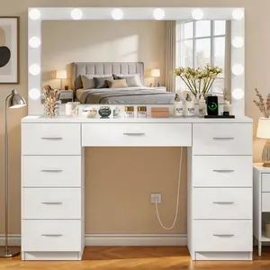 Makeup Vanity Desk with Lighted Mirror, Glass Top, 9 Drawers and Power Outlet, Large White Indoor Dressing Table for Bedroom