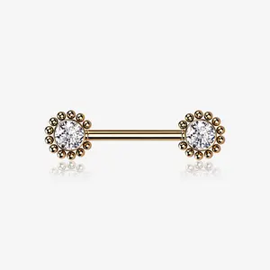 A Pair of Rose Gold Bali Bead Karma Circle Sparkle Threadless Nipple Barbell