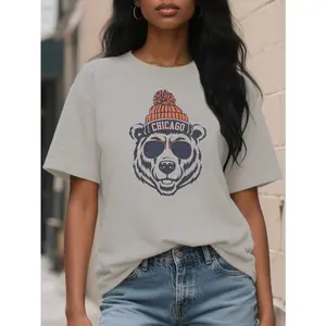 A bear wearing sunglasses and a hat. Pure cotton round-neck short-sleeved top