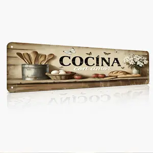 Cocina Con Amor Vintage Kitchen Aluminum Sign - 16x4 Inch Rustic Farmhouse Wall Decor, Inspirational Kitchen Art for Home, Dining Room, Restaurant - Perfect Housewarming Gift for Cooking Lovers & Kitchen Decor Enthusiasts