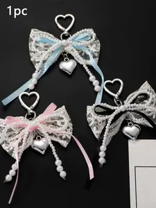 Fresh artistic style pearl lace bow pendant, beaded bow decoration, heart buckle+heart pendant, sweet and exquisite style, lightweight and easy to carry, suitable for various bags, can be used as a bag hanger and keychain, Accessory, Bag Charm Keychain