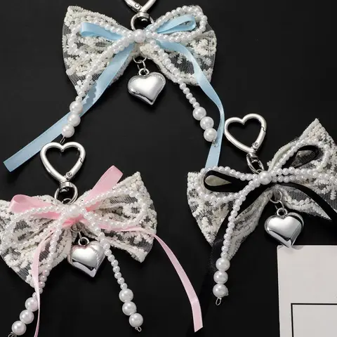 Fresh artistic style pearl lace bow pendant, beaded bow decoration, heart buckle+heart pendant, sweet and exquisite style, lightweight and easy to carry, suitable for various bags, can be used as a bag hanger and keychain, Accessory, Bag Charm Keychain