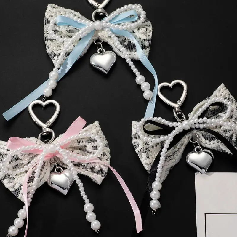 Fresh artistic style pearl lace bow pendant, beaded bow decoration, heart buckle+heart pendant, sweet and exquisite style, lightweight and easy to carry, suitable for various bags, can be used as a bag hanger and keychain, Accessory, Bag Charm Keychain