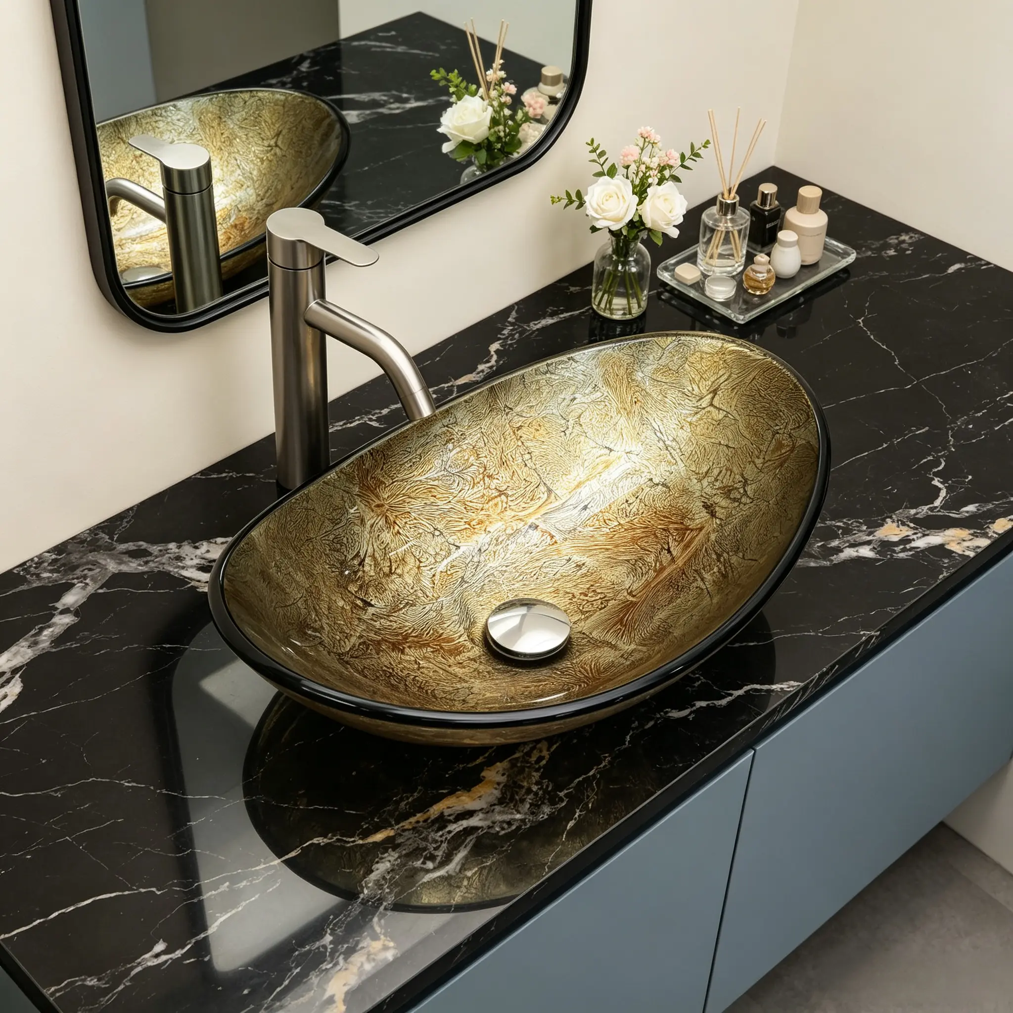 Logmey 21" Glass Bathroom Vessel Sink, Oval Vanity Countertop Bowl with Chrome Pop-Up Drain, Art Glass Basin, Plasma Silver Foil,Home Improvement Finds,modern bathroom sink
