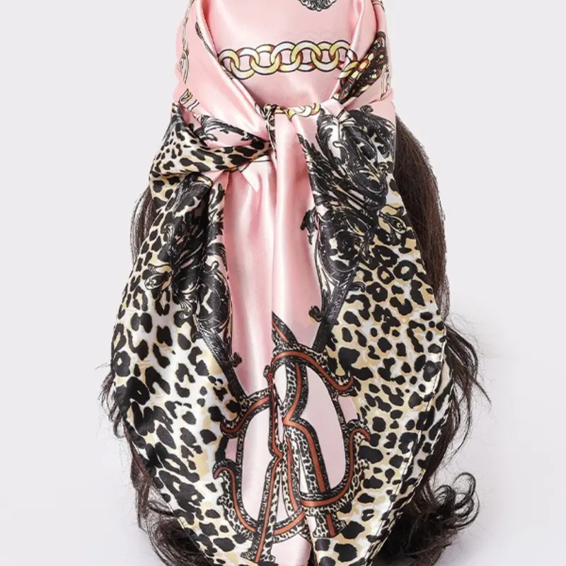 New Women's Leopard and Chain Print Satin Headscarf, 90 cm Fashionable Versatile Silk-Feel Scarf Head Wrap for Spring and Summer, Multiple Colors Available