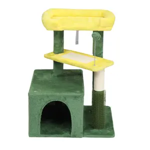 27.5in Cat Tree, Multi-level Cat Tower with Cat Scratching Post and Pad, Cozy Cat Condo, Padded Top Bed for Kittens and Indoor Cats, Yellow & Green aldifruit cattree