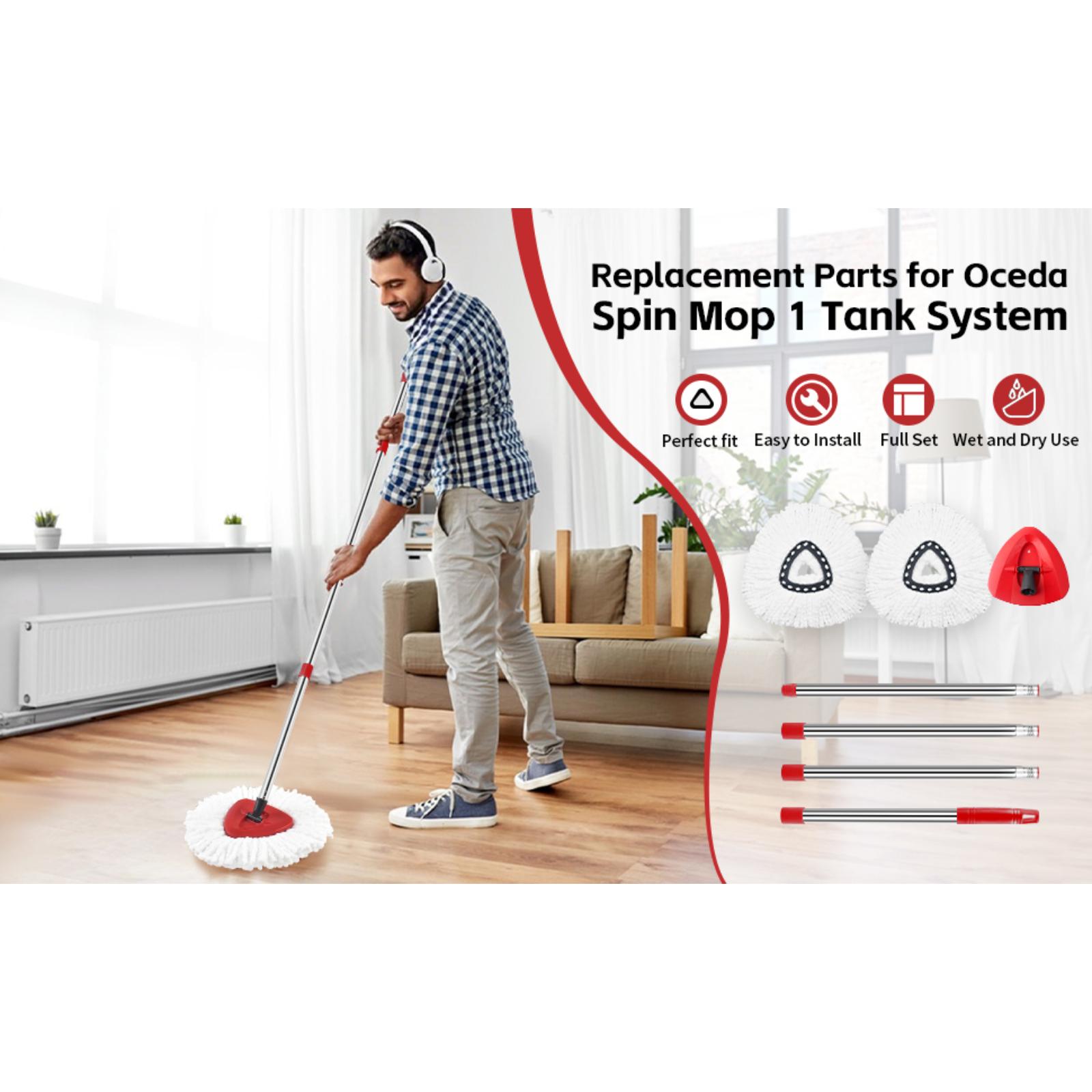 O-Ceda EasyWring Microfiber Spin Mop Head Base Handle Replacement Set with 2 Refills Triangle Head Cover & 30-58in Handle Set for White 1 Tank System