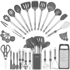 Kitchen Utensil Set-Silicone Cooking Utensils-33 Kitchen Gadgets & Spoons for Nonstick Cookware-Silicone and Stainless Steel Spatula Set-Best Kitchen Tools, Grey