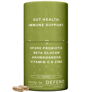 DEFEND Gut, Cortisol & Immune Supplement | Spore Probiotic & Beta Glucan | Probiotic, Postbiotic, Ashwagandha, Antioxidant & Zinc | 60 Vegan Capsules