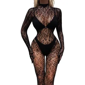Women's Fishnet Bodysuit Lace Leopard Print Full Body Bodystocking Hollow Mesh One Piece Jumpsuit Party Rave Outfits
