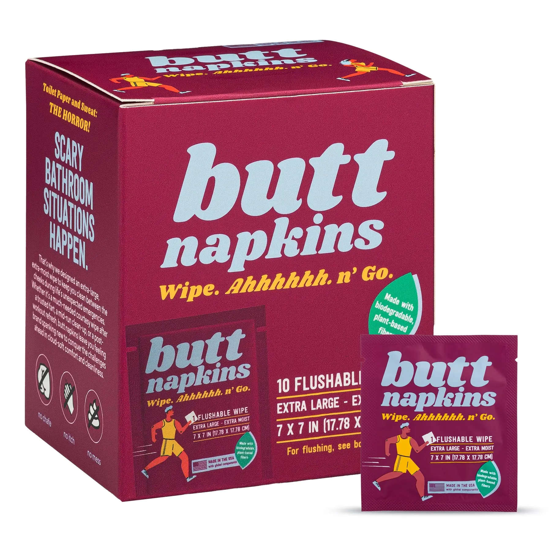 Butt Napkins - Extra Large Flushable Wipes with Aloe & Vitamin E Formula - Travel & Gym Ready - Made in the USA - Discreet Unisex Design