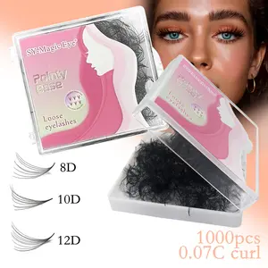 Pointy Base Loose Fans,1000 Pcs Premade Fans Eyelash Extensions, 8D 10D 12D, Curl C / D, Thickness 0.07mm,8-15mm / Mixed Lengths, Thin Base Premade Volume Lash Extension, Hand-grafted False Eyelashes, Natural & Soft, Party and Travel