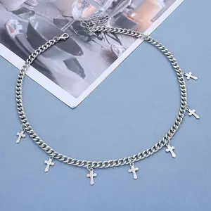 Punk Cross Dangle Necklace Silver Curb Chain Choker with Religious Cross Pendant for Women Edgy Meaningful Statement Piece