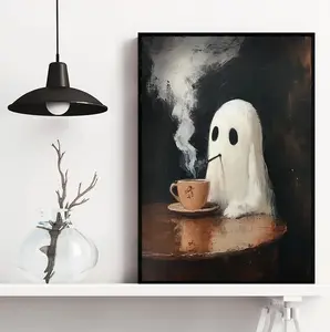 Ghost And Coffee, Funny Ghost Art, Cute Ghost Poster, Halloween Gift, Spooky Season, Vintage Halloween Wall Art, Halloween Decor Poster