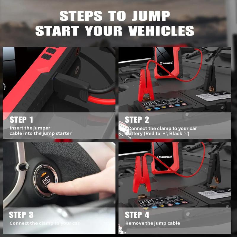 Portable Car Jump Starter (6400mAh / 8000mAh) with Air Compressor, Fast USB Charging and Multiple Safety Protections, Includes Jumper Cables, Car Tool Kit