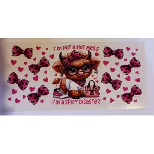 Spicy Disaster Highland Cow UV DTF Wrap | Funny Cow Tumbler Decal | Pink Bow Coquette Wrap | 20oz Skinny Cup Transfer