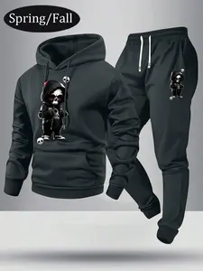 Men's Spring/Autumn Lightweight Cartoon Skull Print Hoodie & Jogger Set - Stylish Casual Men's Pocket Streetwear Sweatpants with Elastic Waist & Drawstring, Perfect Gift for Husband or Boyfriend