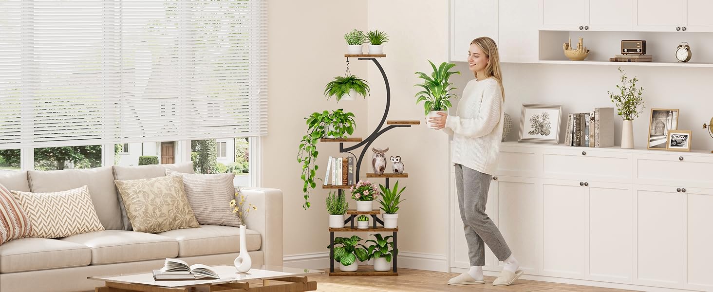 Indoor plant stand with grow lights - 62inch Tall plant stand, indoor growing corner stand with lights, 8-tier large flower stand, S-shaped living room decorative stand, patented design, black
