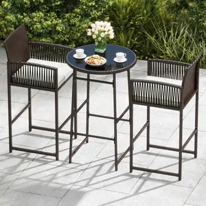 3 Piece Wicker Patio Bar Set with Soft Seat Cushions, Tempered Glass Tabletop Outdoor Bar Table and Chairs Set, All Weather Rattan Bistro Bar Furniture for Backyard Patio Balcony Garden Poolside