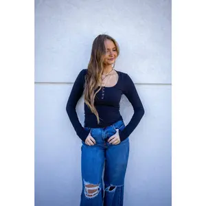 Free People Wide Awake Layering Top BLACK - Long Sleeve Ribbed Cotton Top with Button Front Closure & Side Slits for Comfort