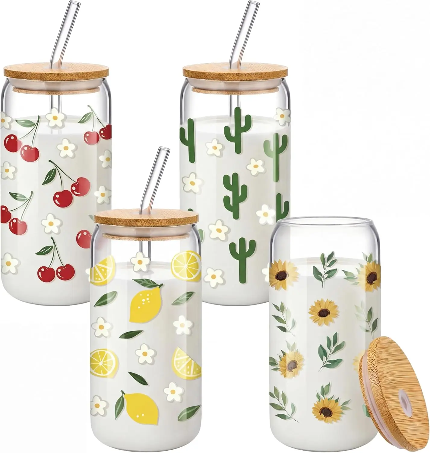 16oz Durable BPA-Free Printed Reusable Glass Water Bottles & Tumblers Set of 4 - Cherry, Lemon, Cactus, Sunflower Floral Decals, Bamboo Leak-Proof Lids, Straws, Brush, Iced Coffee Compatible Wedding Gift for Women