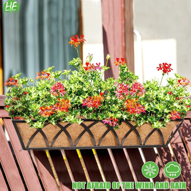 24 inch Window Deck Rail Planter Including Coco Liner, 24" Dia Window Box Horse Trough with Coconut Coir Liners, Black Metal Hanging Flower Planter Basket for Indoor Outdoor Lawn - Set of 2