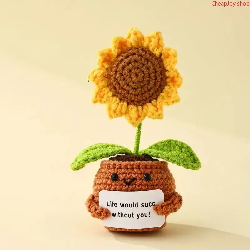 Handmade Crochet Sunflower Pot Doll, Emotional support decor with funny greeting card, warm positive design, hilarious thoughtful gift for friends & coworkers, lovely ornament for birthday and office decoration