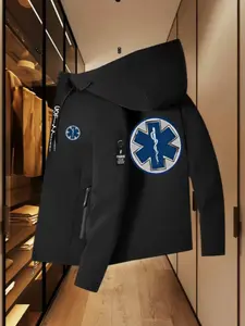 Men's Heavyweight Medical Cross Print Hooded Jacket, Emergency Tech Style, Tactical Windproof, Windproof Winter Coat, Zip Pockets, Loose Fit, Outdoor Survival, Long Sleeve