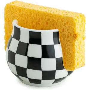 Checkered Sponge Holder for Kitchen Sink, Ceramic Dish Sponge Rack Scrubby Holder, Cute Sink Caddy Kitchen Organizer, Farmhouse Decor, Black and White