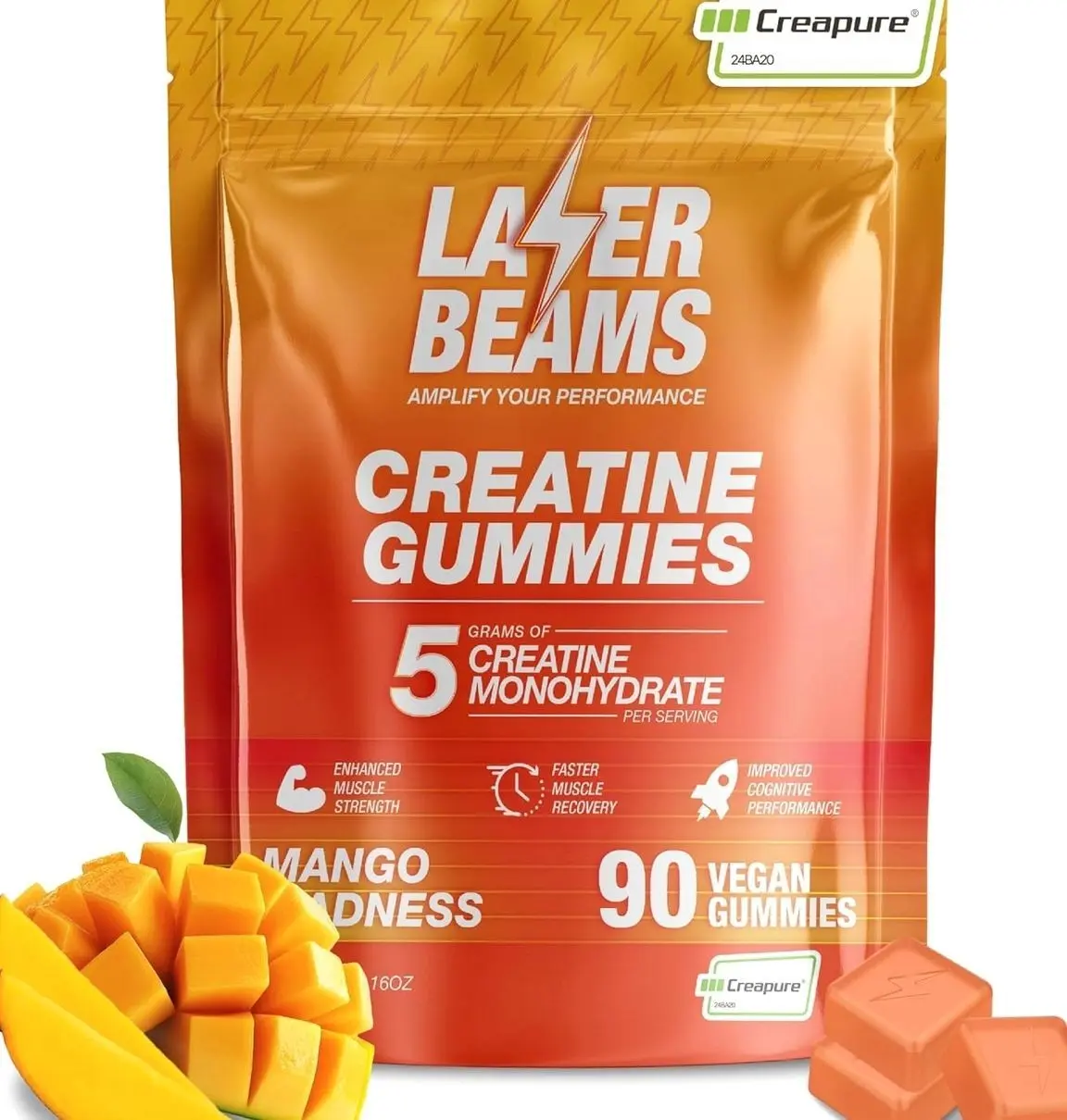 Creatine Monohydrate Gummies for Women & Men - 5g Creapure Creatine per Serving - Vegan, Mango Flavor - Boost Muscle Strength, Endurance, Recovery & Mental Focus (90 Gummies)
