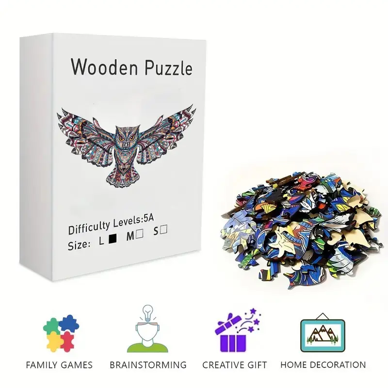 Bohemian Tribal Owl Wooden Jigsaw Puzzle for Adults & Kids - Challenging Irregular Pieces, Colorful Geometric Zentangle Art Puzzle, Stress Relief Brain Teaser, Framable Wall Art & Home Decor