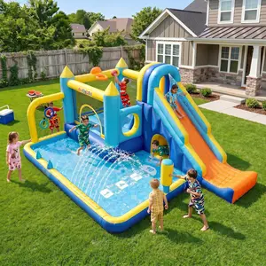 Whubefy 15-in-1 Kids Water Slide & Inflatable Bounce Castle, With Blower, Long Slide, Crawl Tunnel, Basketball Hoop, Punching Bag, Multi-Nozzle Splash Pool, Indoor Outdoor Backyard Party, Summer Fun, Birthday Gift, mothersdaygift,