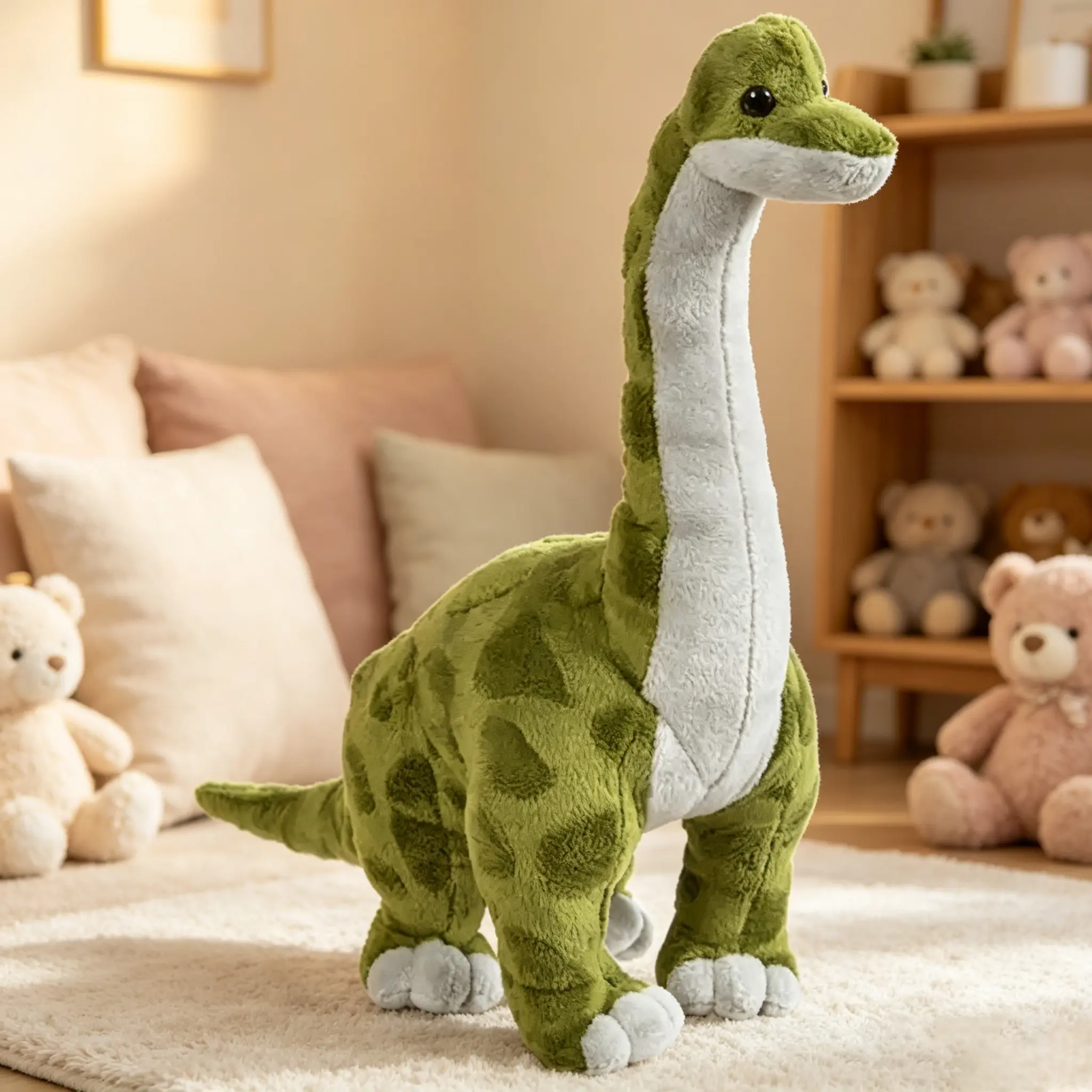 Premium Extra-Sized Brachiosaurus Dinosaur Stuffed Animal made with luxuriously cozy plush fabric, designed to double as a cuddly resting pillow for daily relaxation and room decor.