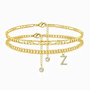 Initial Letter Ankle Bracelets Set for Women 14K Gold Plated Layered Waterproof Anklets Figaro Chain Rhinestone Dainty Anklet Set Adjustable Size Summer Beach Jewelry for Women