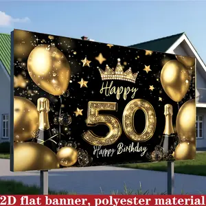 2D Polyester Birthday Background Cloth, Gold 50th Birthday Theme Banner, Party Photo Props, Multi-Scene Birthday Decoration