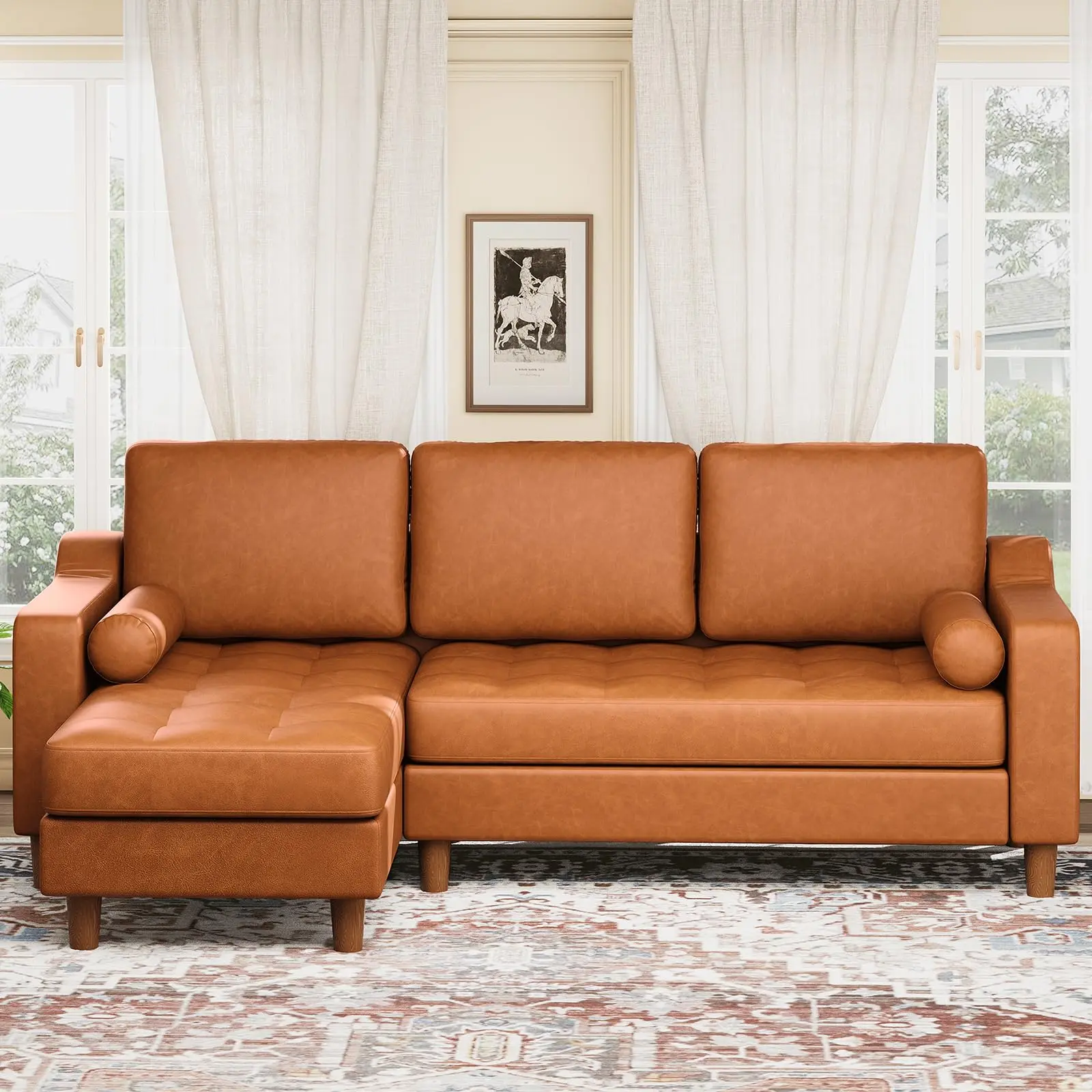 Garvee 88.9" L-Shape Sofa with Convertible Chaise, Sectional Leather Sofa with Deep Seat, Mid-Century Modern  Sofa for Living Room, 3 Seat Leather Couch, Cognac Tan