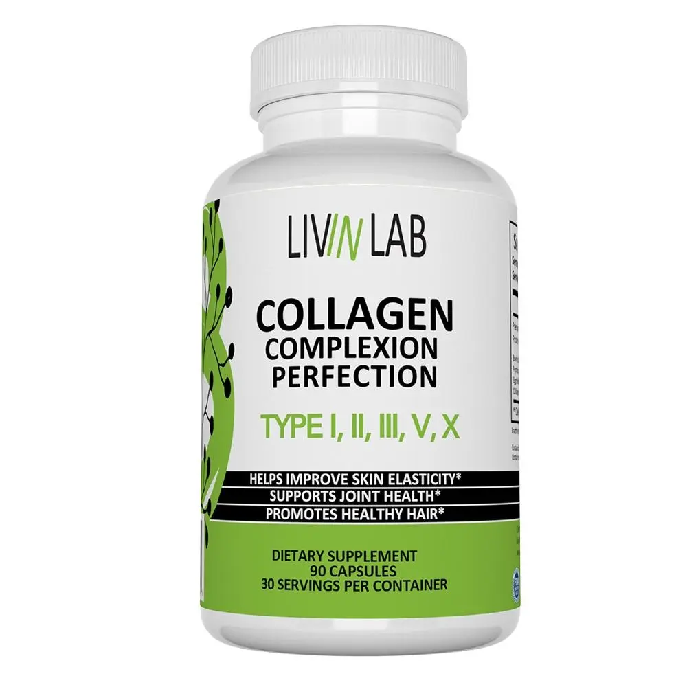 Livin Lab Collagen Complexion Perfection,  Type I, II, III, V, & X, Super Collagen Capsules for Beauty, Healthy Joints, Hair, Skin, & Nails, 90 Caps