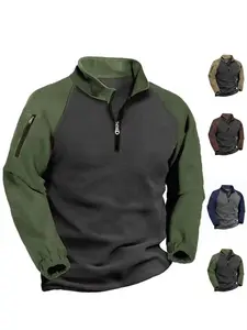 Men's Half - Zip Fleece Pullover - Color - Block Raglan Sleeves with Arm Zipper Pocketlong-sleeved hoodie , Warm Casual Fitted Sweatshirt Tops in Multiple Colors for Autumn/Winter Daily Wear, Outdoor Hiking & Leisure Occasions