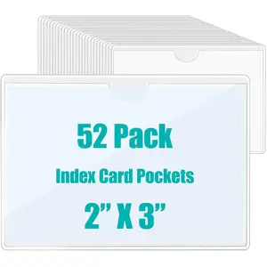 52 Pack Index Card Holder 2x3 Inch, Labels for Storage Bins Clear Plastic Adhesive Pockets for Packing Moving Box, Removable Tote Labels Stickers, Organizing Bins, Drawer & Containers