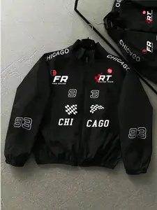 1 Men's Retro Racing Print Windbreaker, Chicago 93 Black and White Checkered Flag Black Zip-Up Lightweight Jacket, Suitable for Everyday Wear.