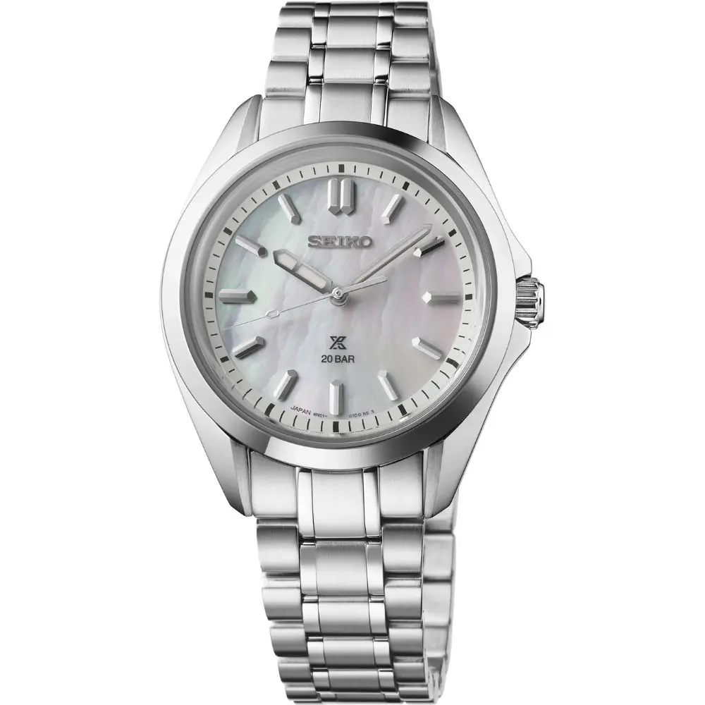 Seiko SUR605 Prospex Quartz White Dial Stainless Steel Ladies Watch with Date Window & Hardlex Crystal 100M Water Resistance