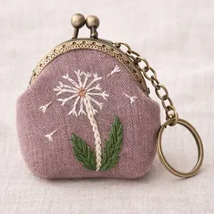 Hand Embroidered Mini Coin Purse Keychain with Dandelion Design - Natural Linen, Soft Cotton Lining, Brass Kiss Lock